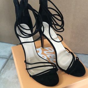 PUBLIC DESIRE Black suede strappy high heels